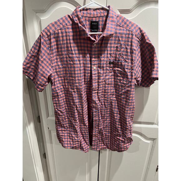 RVCA Slim Fit Short Sleeve Button Shirt XL Plaid Pink Blue Casual Summer - Picture 1 of 6